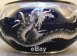 Large Japanese Meiji Silver Wire & Wireless Cloisonne Bowl with Dragon