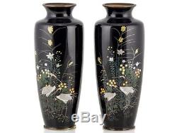 Large Japanese Nagoya Silver Wire Pair Cloisonné Crane Vases