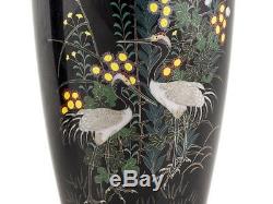 Large Japanese Nagoya Silver Wire Pair Cloisonné Crane Vases