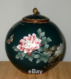 Large Meiji Japanese Cloisonne Covered Jar Vase Butterflies Floral-Silver Wire