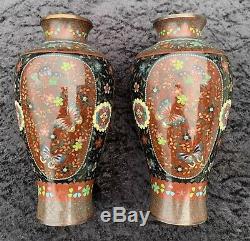 Large Mirror Pair Japanese Cloisonne Vases Meiji VGC Goldstone 23.5cm Nice
