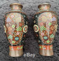 Large Mirror Pair Japanese Cloisonne Vases Meiji VGC Goldstone 23.5cm Nice