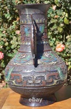 Large Old Japanese Champleve Bronze Vase