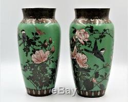 Large Pair Antique Japanese cloisonne vases Meiji decorated with birds & Flowers