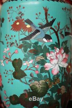 Large Pr of Antique Japanese cloisonne vases decorated with birds & butterflies