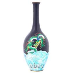 Large Rare Japanese Cloisonne Meiji Period Green Dragon Swimming Over The Sea