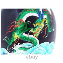 Large Rare Japanese Cloisonne Meiji Period Green Dragon Swimming Over The Sea