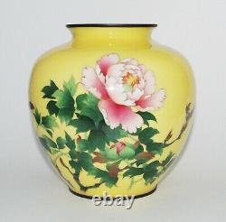 Large and Impressive Japanese Yellow Cloisonne Enamel Vase with Roses