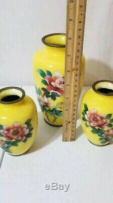 Lot Of 3 Vintage Japanese Yellow Cloisonné Red Rose Vases