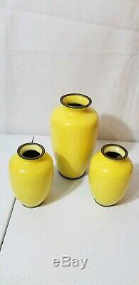 Lot Of 3 Vintage Japanese Yellow Cloisonné Red Rose Vases