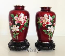 Lovely 5 PAIR Japanese Red Pigeon Blood Ginbari Cloisonne Vases Stands Marked