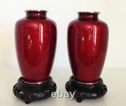 Lovely 5 PAIR Japanese Red Pigeon Blood Ginbari Cloisonne Vases Stands Marked
