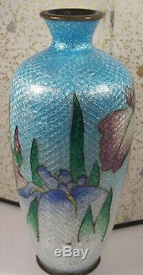 Lovely Antique Japanese Cloisonne Enamel Silver Ginbari 6 Vase Iris Snd Kumeno