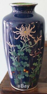 Lovely Antique Japanese Cloisonné Vase Perfect Blossoms Silver Rims