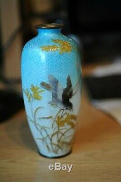 Lovely Japanese Cloisonne Ginbari enamel vase depicting cuckoo and signed Ito