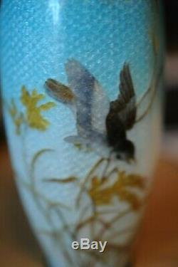 Lovely Japanese Cloisonne Ginbari enamel vase depicting cuckoo and signed Ito