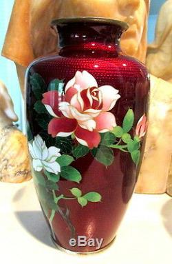 Lovely Red Japanese Cloisonne Vase With Crimson Rose / Bamboo & Bird
