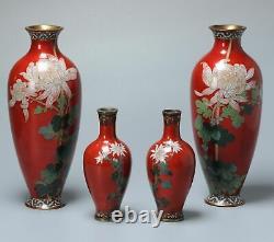 Lovely set of 4 red cloisonne enamel Flower vases Meiji era (1868-1912)