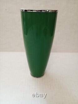 MCM Japanese Ando Cloisonne Enamel 8.5 Vase Two Green Orchids Silver Rims