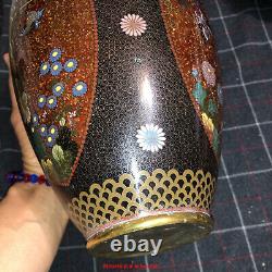 Magnificent 12H Japanese Meiji Three Panels Sparkle Goldstone Cloisonne Vase