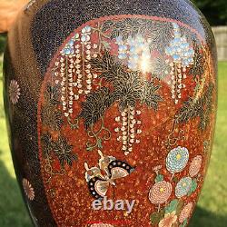 Magnificent 12H Japanese Meiji Three Panels Sparkle Goldstone Cloisonne Vase