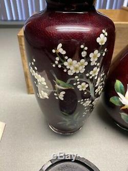 Matched Pair of Japanese Ginbari Cloisonne Vases with Roses Free Shipping