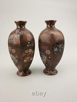 Meiji 19thc Antique Japanese Cloisonne Vases Pair Floral