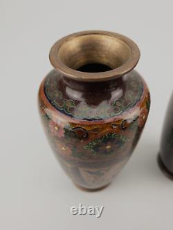 Meiji 19thc Antique Japanese Cloisonne Vases pair Ginbari Ground Birds Insect