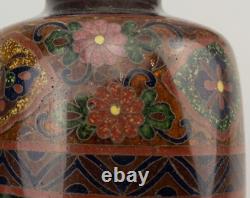 Meiji 19thc Antique Japanese Cloisonne Vases pair Ginbari Ground Birds Insect