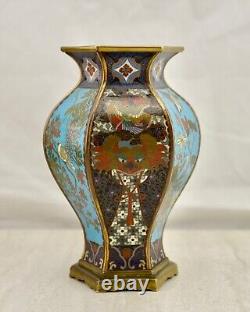 Meiji Japanese cloisonne enamel floral/bird & mask-head patterned hexagonal vase