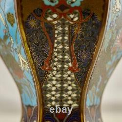 Meiji Japanese cloisonne enamel floral/bird & mask-head patterned hexagonal vase