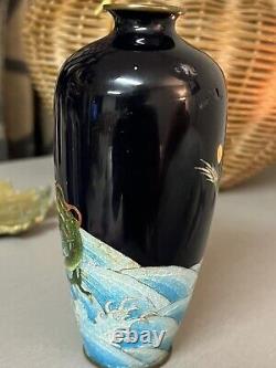Meiji Period Black Glass Ginbari Cloisonné Enamel Vase Dragon Adachi Kinjiro