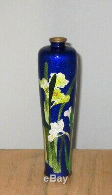 Meiji Period Japanese Ginbari Cloisonne Enamel Vase Brilliant Blue with Floral
