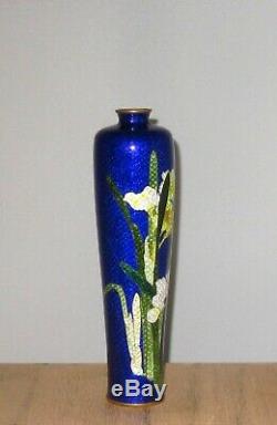 Meiji Period Japanese Ginbari Cloisonne Enamel Vase Brilliant Blue with Floral