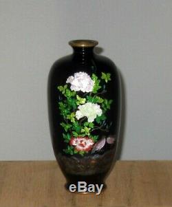 Meiji Period Japanese Partial Ginbari Cloisonne Enamel Vase with Two Quail, Floral