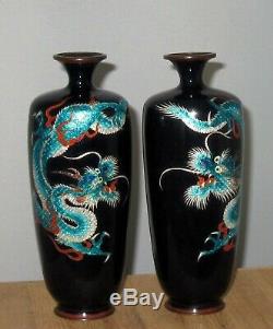Meiji Period Japanese Partial Ginbari Cloisonne Pair Vases with Three Toed Dragons