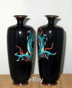 Meiji Period Japanese Partial Ginbari Cloisonne Pair Vases with Three Toed Dragons