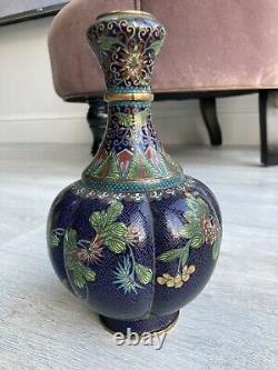 Meiji period Cloisonné Enamel & Brass Floral Vase 9.5 Inches Chinese Japanese
