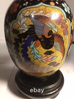 Meiji period Japanese cloisonne 5 vase w flowers and bird w gold sparkles
