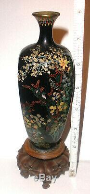 Nice antique Japanese cloisonne Meiji period vase on wood stand