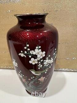 Nice vintage Japanese red cloisonne vase with flowers and bird decoration