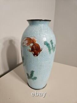Occupied Japan ANDO Cloisonne Vase Yusen Shippo Silver Koi Goldfish Blue ANTIQUE