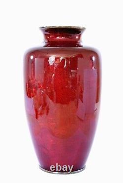 Old Japanese Pigeon Blood Red Ginbari Cloisonne Silver Vase Kumeno Mk 12 30CM