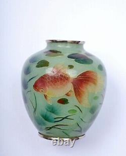 Old Japanese Plique a Jour Cloisonne Enamel Shippo Vase Goldfish Seaweed Kelp