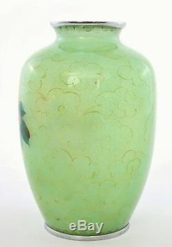 Old Japanese Plique a Jour Cloisonne Enamel Shippo Vase Roses Mint Green Ground