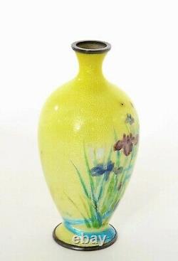 Old Japanese Silver Yellow Basse Taille Ginbari Cloisonne Enamel Vase