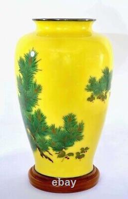 Old Japanese Yellow Ground Cloisonne Enamel Silver Base Vase by Ando Jubei