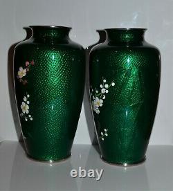 Old Pair Japanese Green Silver Foil Cloisonne Vases Floral Design Birds