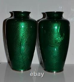 Old Pair Japanese Green Silver Foil Cloisonne Vases Floral Design Birds