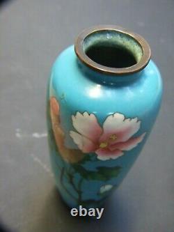 Original Antique Japanese Cloisonne Small Vase Blue Floral Design Vintage